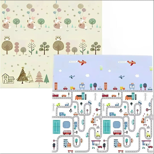 Covoras de Joaca pentru Copii, Termic si Reversibil, Model Vulpi si Pista Masini, Spuma XPE Impermeabila si Antiderapanta, Protectie Socuri, 200 x 180 x 0.8 cm