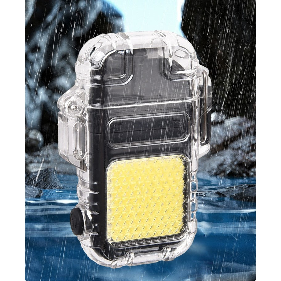 Lanternă Tip Breloc cu Brichetă Electrică, Tehnologie COB, 3 Moduri Iluminare, Rezistență IP65 la Apă, Încărcare USB-C, Acumulator 300 mAh, ABS și Aliaj Zinc, 7.4 x 4.9 x 1.7 cm, Gri