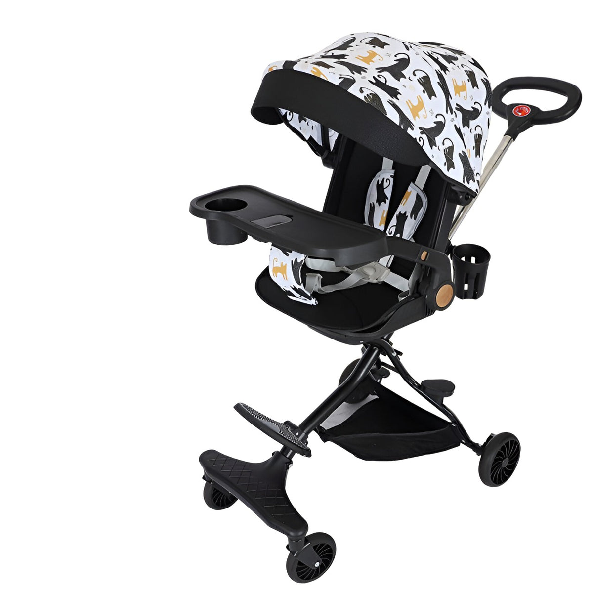 Cărucior Sport 3 în 1, Reversibil cu Poziție de Somn, Pliabil, Scaun din Bumbac și Cadru Aluminiu, 6-36 Luni, 32x63x95 cm, Negru Model Pisicuțe