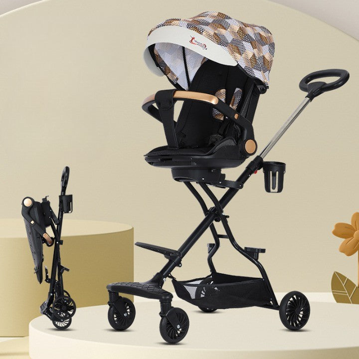 Carucior Sport 3in1 Reversibil, Pliabil cu Pozitie de Somn si Tavita Masa, Cadru Aluminiu si Roti Cauciuc, 6-36 Luni, 32x63x95 cm, Maro Carouri