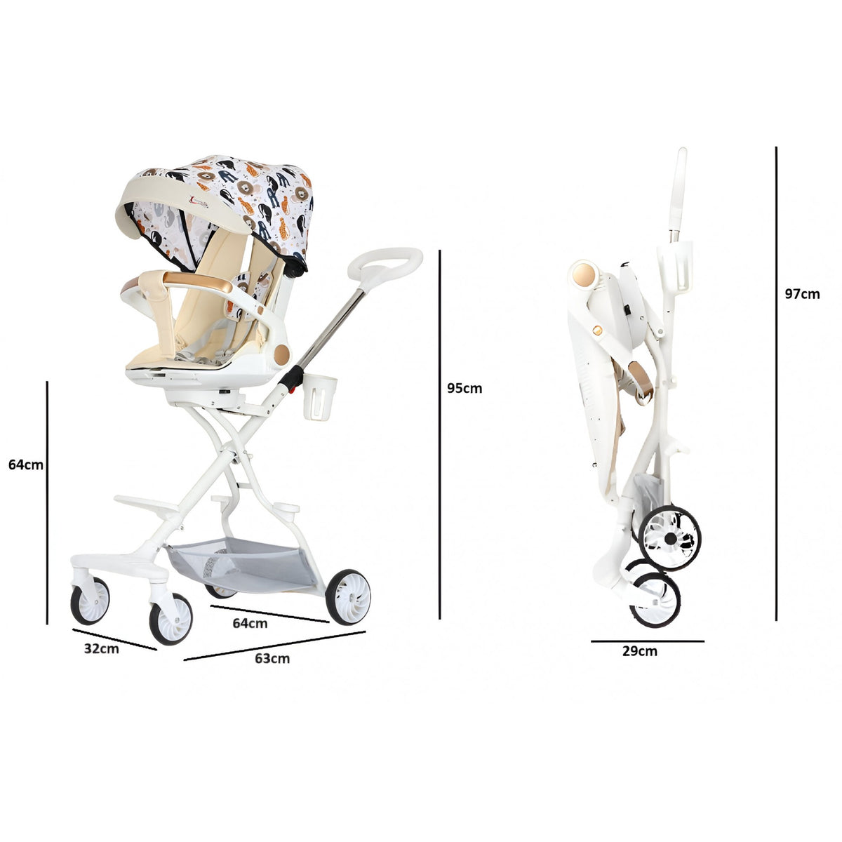 Carucior Sport 3in1 Reversibil, Pliabil cu Pozitie de Somn, Tavita Masa si Suport Pahar, Cadru Aluminiu, 6-36 Luni, 32x63x95cm, Crem Model Jungla