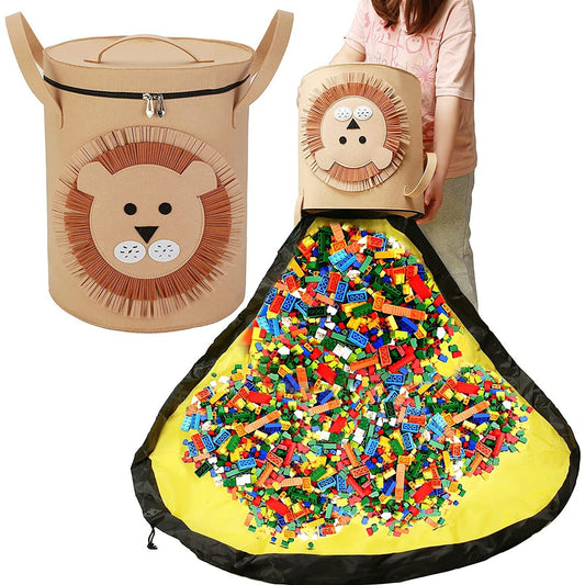 Cutie Depozitare Jucarii si Lego 2 In 1, Coș cu Covor de Joaca Detasabil, Poliester Impermeabil, Diametru 150 cm, Inaltime 40 cm, Model Leu, Maro/Verde