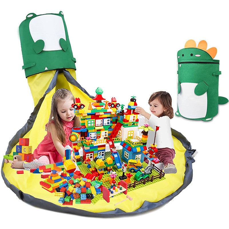 Cutie Depozitare Jucarii si Lego 2in1 cu Covor de Joaca, Sac Impermeabil cu Manere si Sfori, Poliester, Inaltime 40cm, Diametru 150cm, Model Dinozaur, Verde