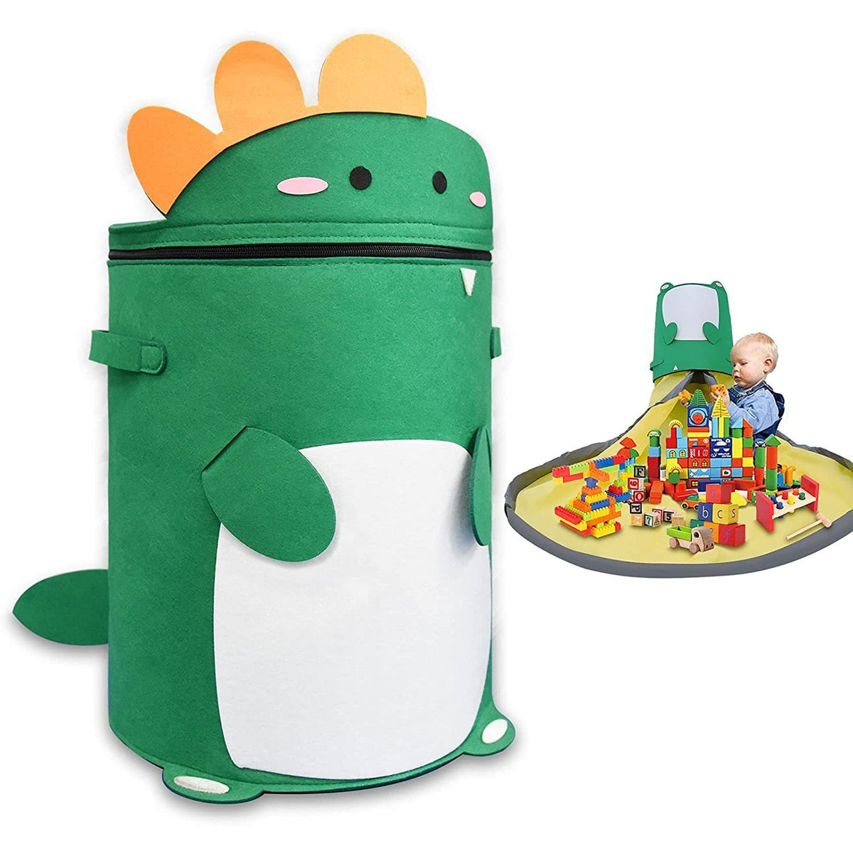 Cutie Depozitare Jucarii si Lego 2in1 cu Covor de Joaca, Sac Impermeabil cu Manere si Sfori, Poliester, Inaltime 40cm, Diametru 150cm, Model Dinozaur, Verde