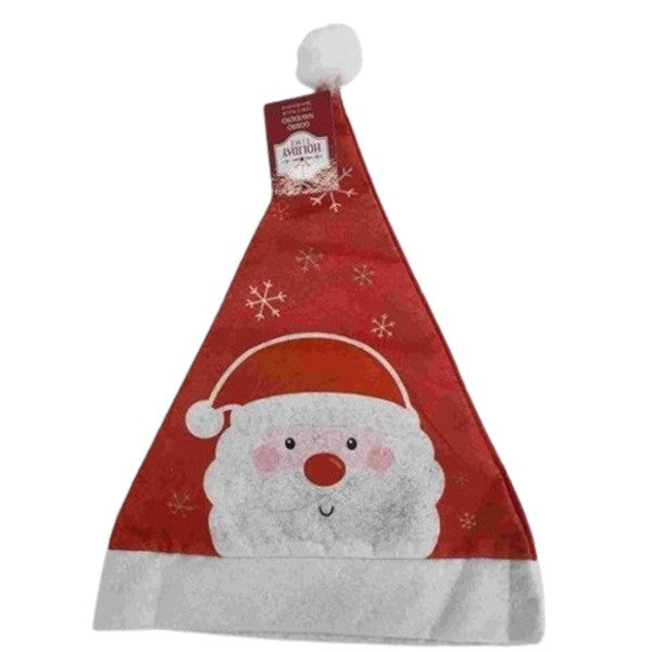 Căciulă de Moș Crăciun cu Model Fulgi de Zăpadă și Chip Personaj, Accesoriu Festiv din Material Textil Moale, Mărime Universală, 28 x 39 cm, Roșu/Alb