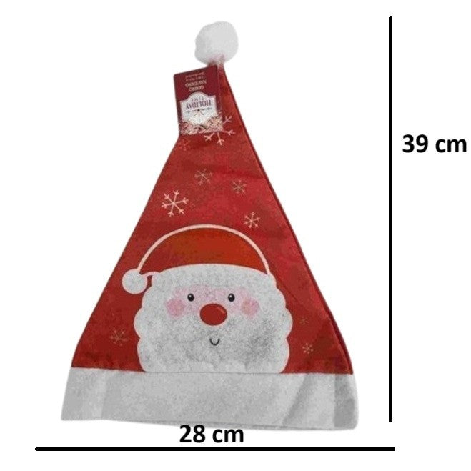 Căciulă de Moș Crăciun cu Model Fulgi de Zăpadă și Chip Personaj, Accesoriu Festiv din Material Textil Moale, Mărime Universală, 28 x 39 cm, Roșu/Alb
