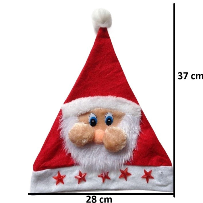 Căciulă de Moș Crăciun, Model cu Steluțe și Chip Moș Crăciun, Material Textil Moale, Alb și Roșu, 28 x 37 cm, Mărime Universală