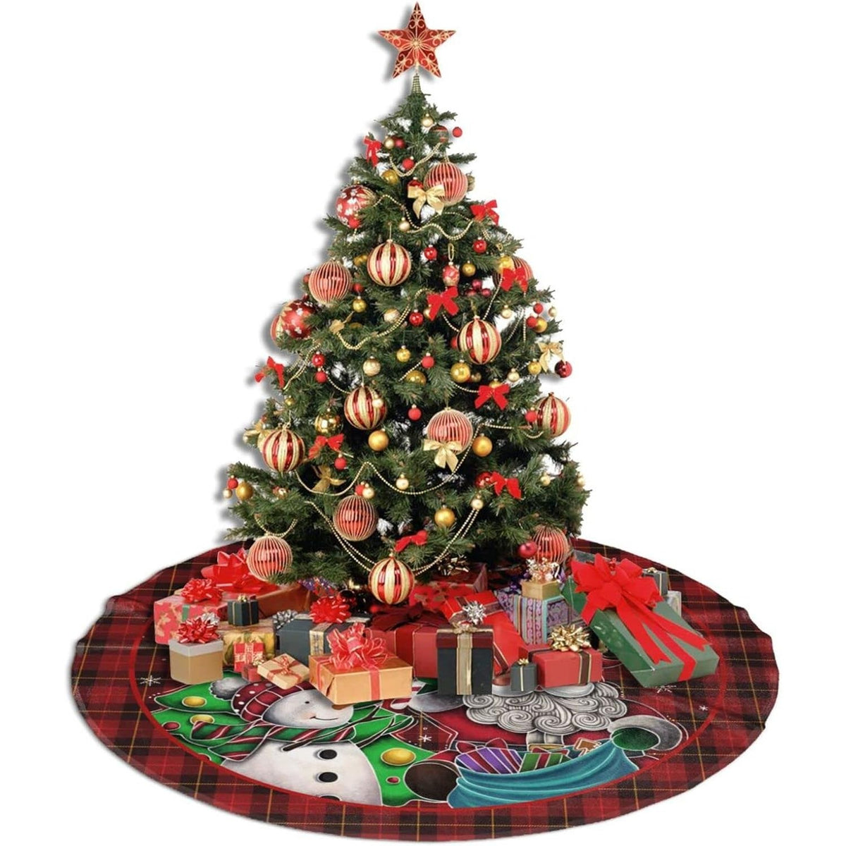 Covoras pentru Brad de Craciun, Model Mos Craciun cu Acadea, Protectie Baza Pom, Material Textil, Diametru 90 cm, Multicolor