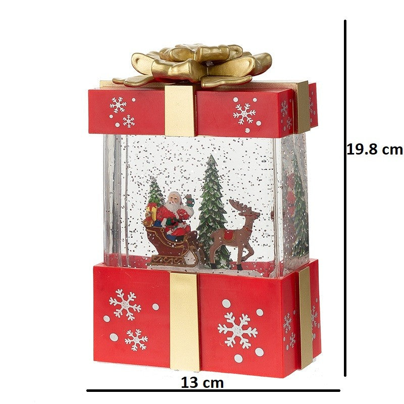 Decoratiune Craciun Muzicala Tip Cutie Cadou, Mos Craciun cu Sania si Zapada in Miscare, Lumini LED Alb Cald, 3 Moduri Functionare, Alimentare USB sau Baterii, Plastic, Rosu si Auriu, 13 x 9 x 19.8 cm