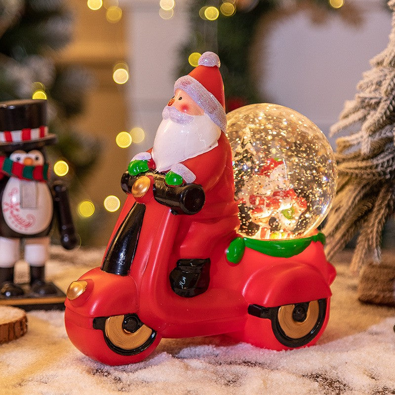 Decoratiune Craciun Tip Motocicleta cu Mos Craciun, Glob Muzical cu Zapada in Miscare, Lumini LED Alb Cald, Alimentare USB sau Baterii, Plastic, 20 x 11.5 x 20 cm, Rosu