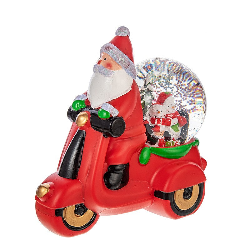 Decoratiune Craciun Tip Motocicleta cu Mos Craciun, Glob Muzical cu Zapada in Miscare, Lumini LED Alb Cald, Alimentare USB sau Baterii, Plastic, 20 x 11.5 x 20 cm, Rosu