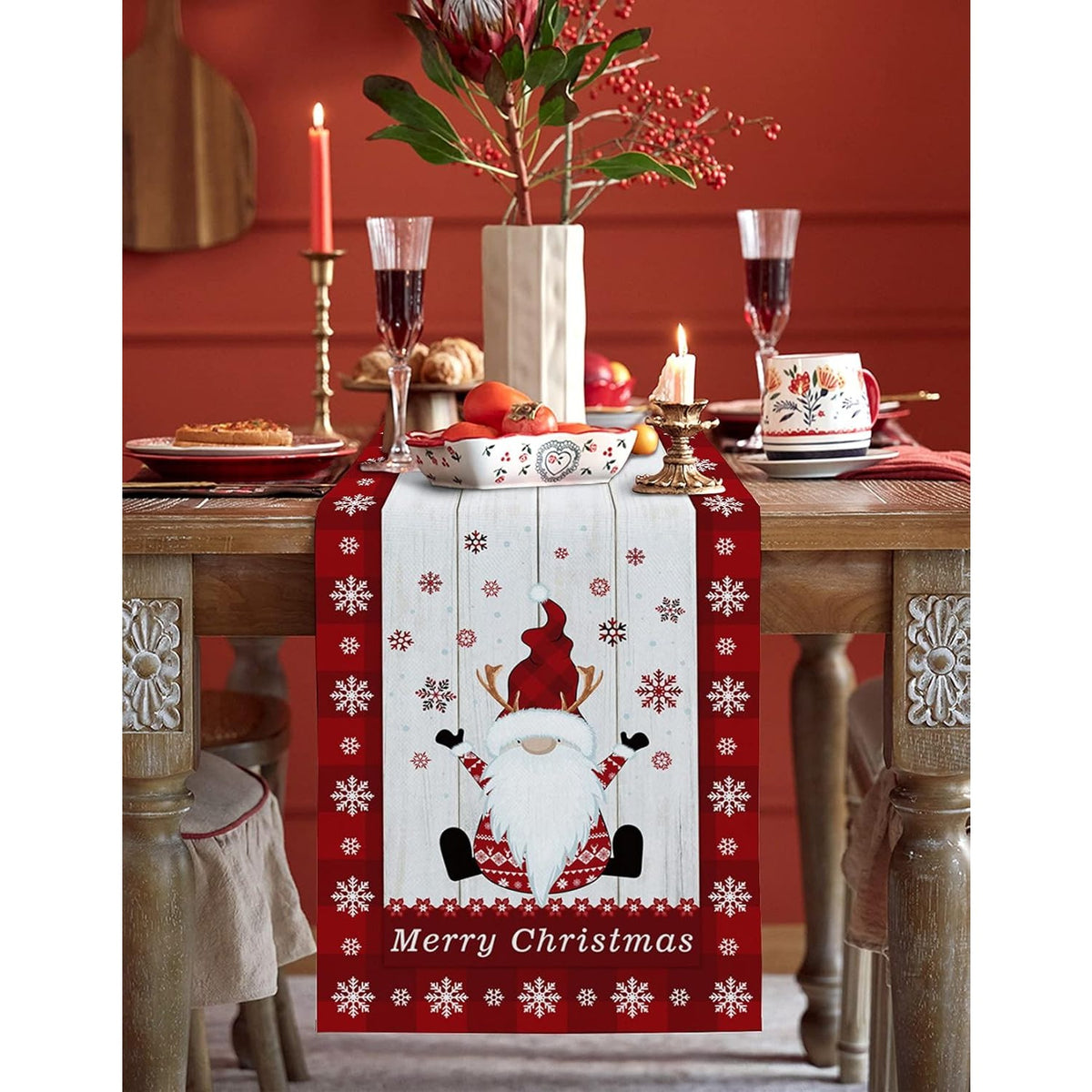 Față de Masă Tip Traversă Crăciun, Model Festiv cu Elfi și Reni, Decor Masă Sărbători, Material Textil, 33 x 180 cm, Alb și Roșu