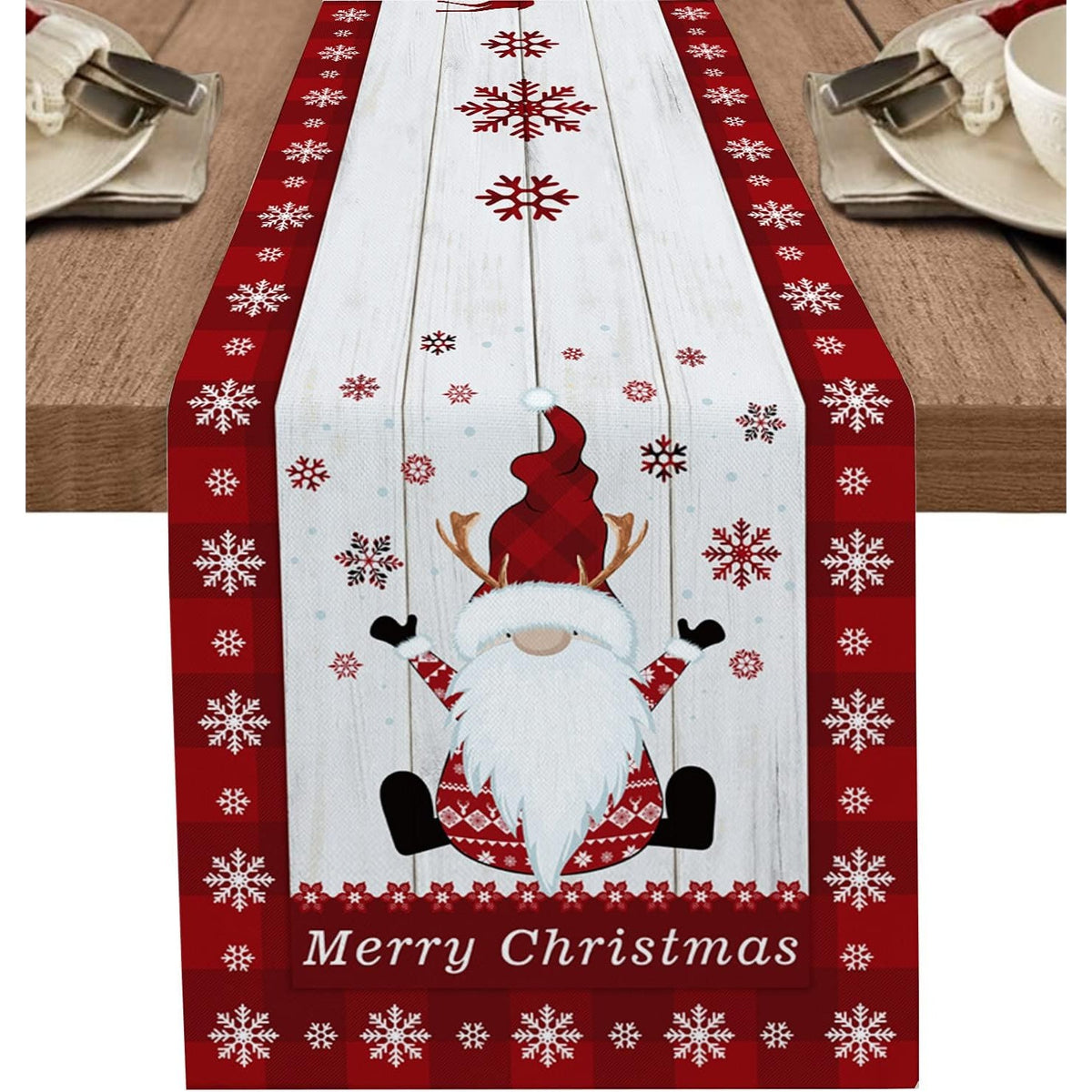 Față de Masă Tip Traversă Crăciun, Model Festiv cu Elfi și Reni, Decor Masă Sărbători, Material Textil, 33 x 180 cm, Alb și Roșu