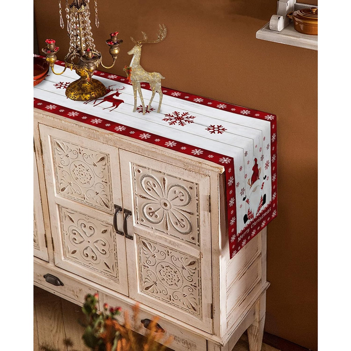 Față de Masă Tip Traversă Crăciun, Model Festiv cu Elfi și Reni, Decor Masă Sărbători, Material Textil, 33 x 180 cm, Alb și Roșu