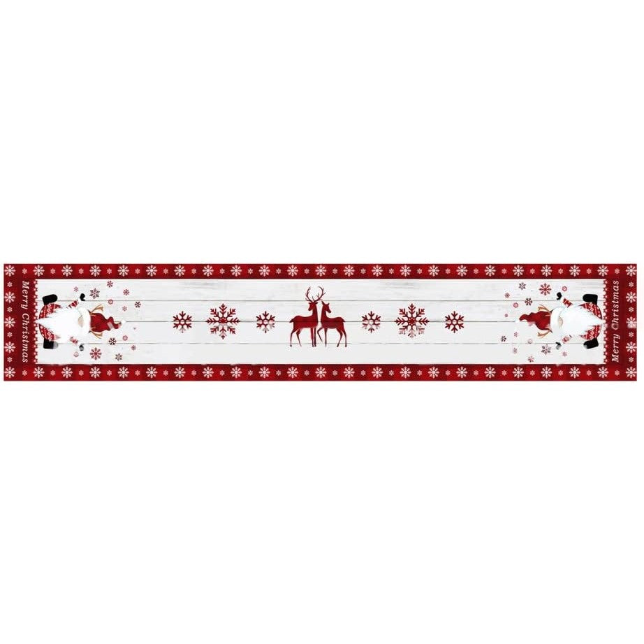 Față de Masă Tip Traversă Crăciun, Model Festiv cu Elfi și Reni, Decor Masă Sărbători, Material Textil, 33 x 180 cm, Alb și Roșu
