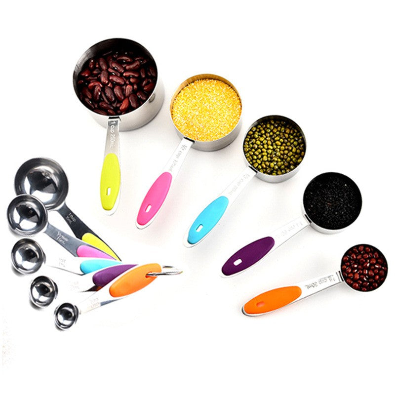 Set de Masurare Bucatarie, 5 Linguri si 5 Cesti Gradate, Manere Ergonomice din Silicon Antiaderent, Otel Inoxidabil, 10 Piese, Multicolor