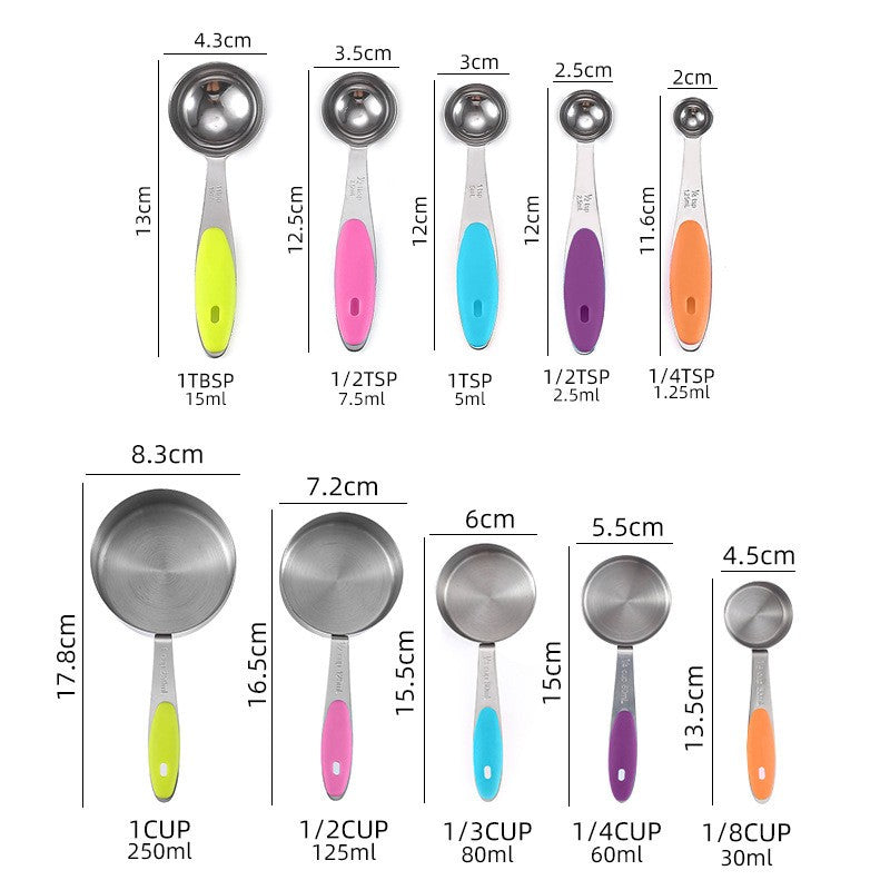 Set de Masurare Bucatarie, 5 Linguri si 5 Cesti Gradate, Manere Ergonomice din Silicon Antiaderent, Otel Inoxidabil, 10 Piese, Multicolor