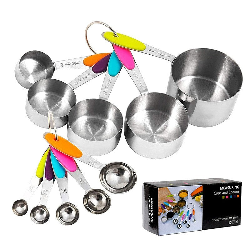 Set de Masurare Bucatarie, 5 Linguri si 5 Cesti Gradate, Manere Ergonomice din Silicon Antiaderent, Otel Inoxidabil, 10 Piese, Multicolor