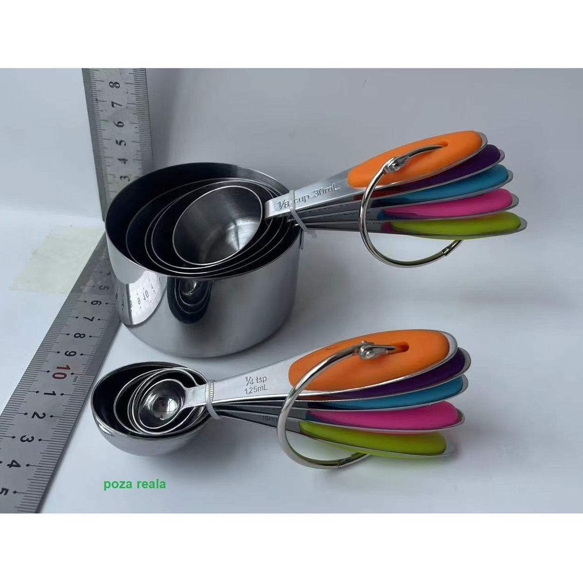 Set de Masurare Bucatarie, 5 Linguri si 5 Cesti Gradate, Manere Ergonomice din Silicon Antiaderent, Otel Inoxidabil, 10 Piese, Multicolor