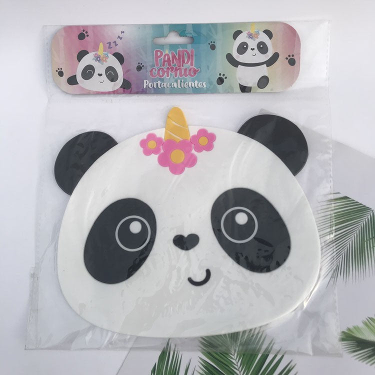 Suport pentru Pahar si Cana, Model Urs Panda, Protectie Termica si Anti-Alunecare, PVC Moale, 18.5x16 cm, Alb/Negru
