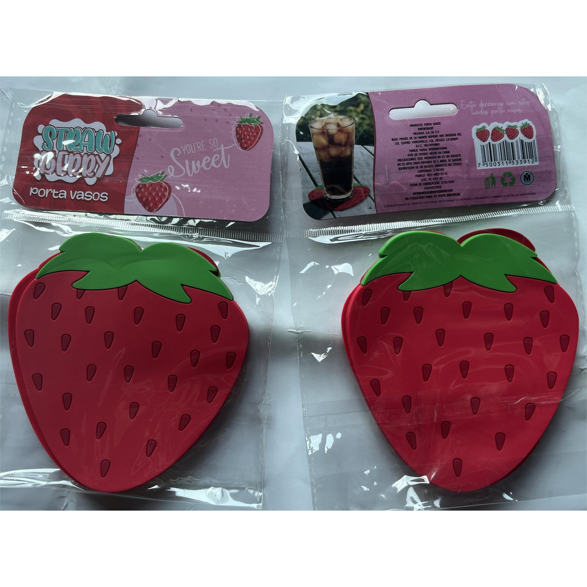 Suport pentru Pahar, Model Capsuna, Rezistent la Caldura, Protectie Masa Anti-alunecare, PVC Moale, Rosu, 10 x 12 cm