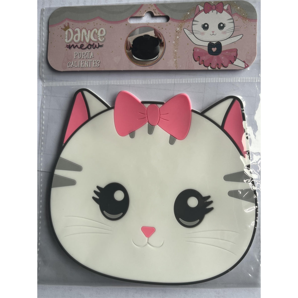 Suport pentru Pahar si Cana, Model Pisicuta, Protectie Termica Rezistenta la Caldura, PVC Flexibil Anti-Alunecare, 15.5 x 15.5 cm, Alb/Roz