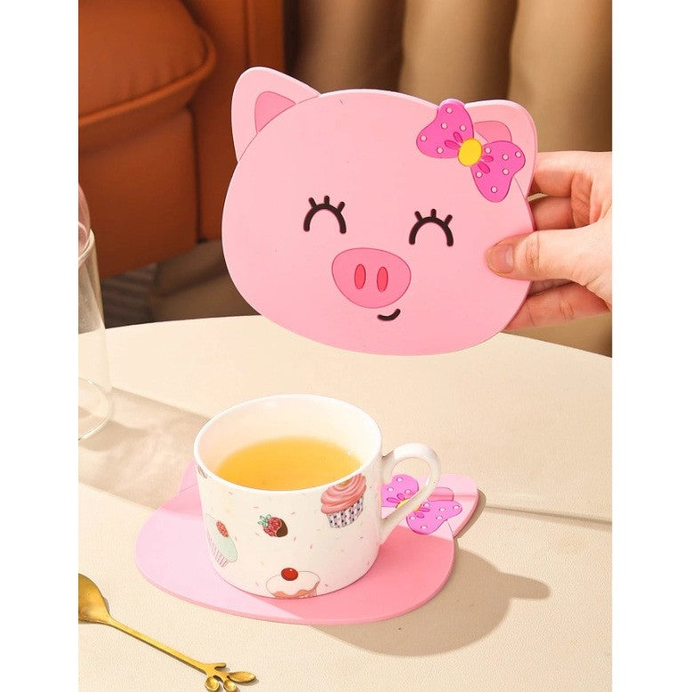 Suport Pahar si Cana, Protectie Masa Rezistenta la Caldura, Design Purcelus, Silicon PVC Moale Antiderapant, 15.5x15.5 cm, Roz