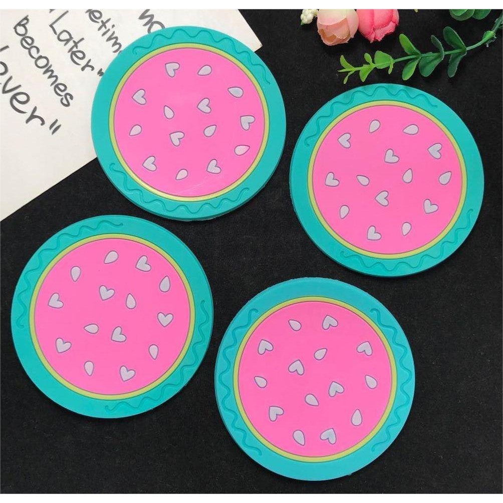 Suport pentru Pahar, Model Pepene, Protectie Termica si Anti-alunecare, PVC Moale, Diametru 10 cm, Verde/Roz