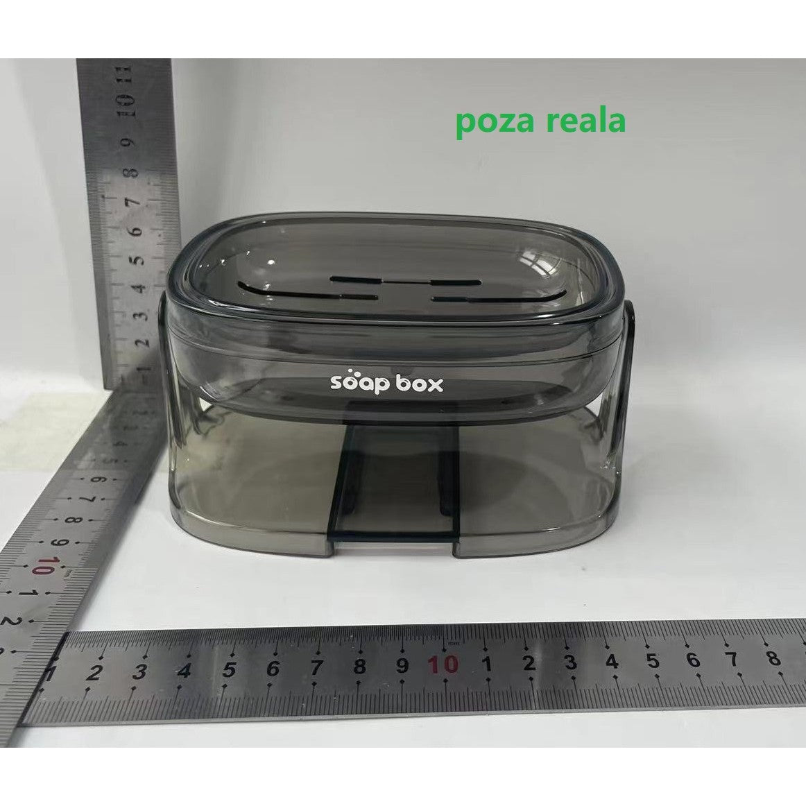 Savoniera Cu Suport 2 In 1, Montare Perete Fara Gaurire Sau Pe Blat, Sistem Scurgere Rapida, Material PET Si Sticla, Gri Transparent