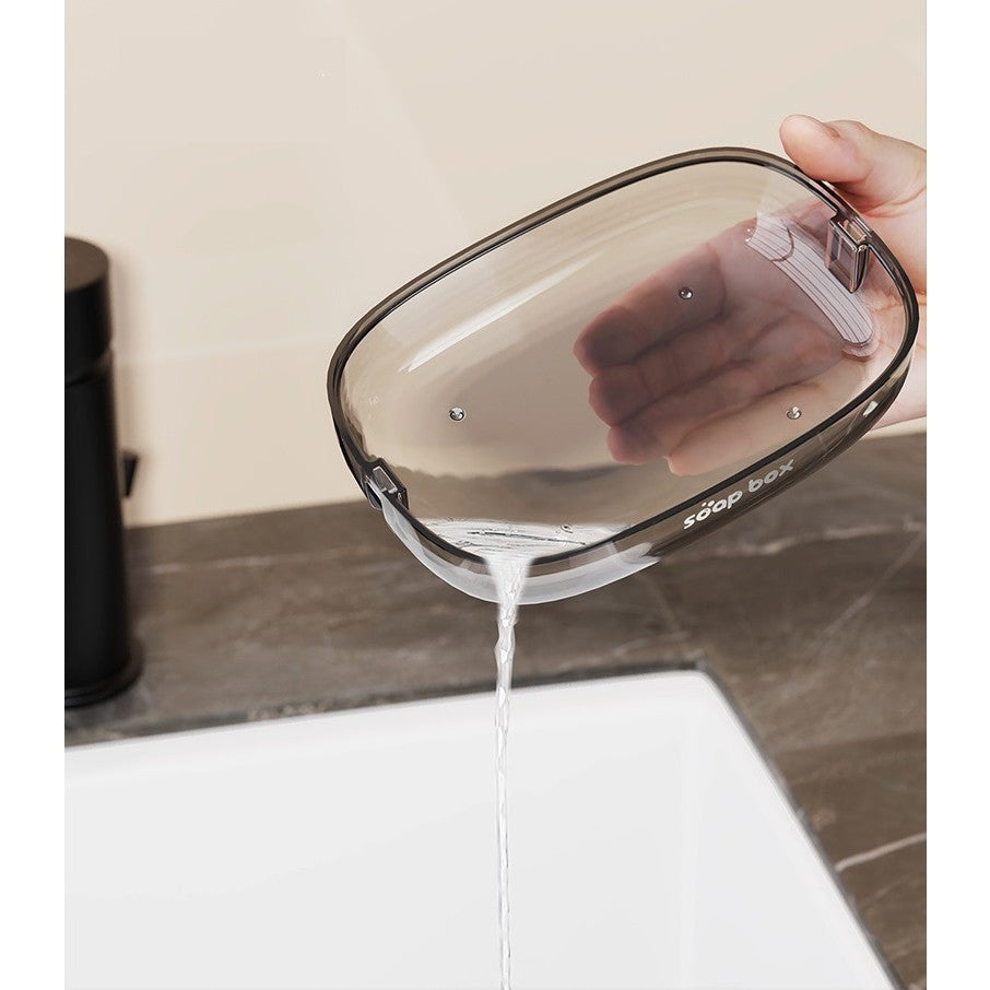 Savoniera Cu Suport 2 In 1, Montare Perete Fara Gaurire Sau Pe Blat, Sistem Scurgere Rapida, Material PET Si Sticla, Gri Transparent
