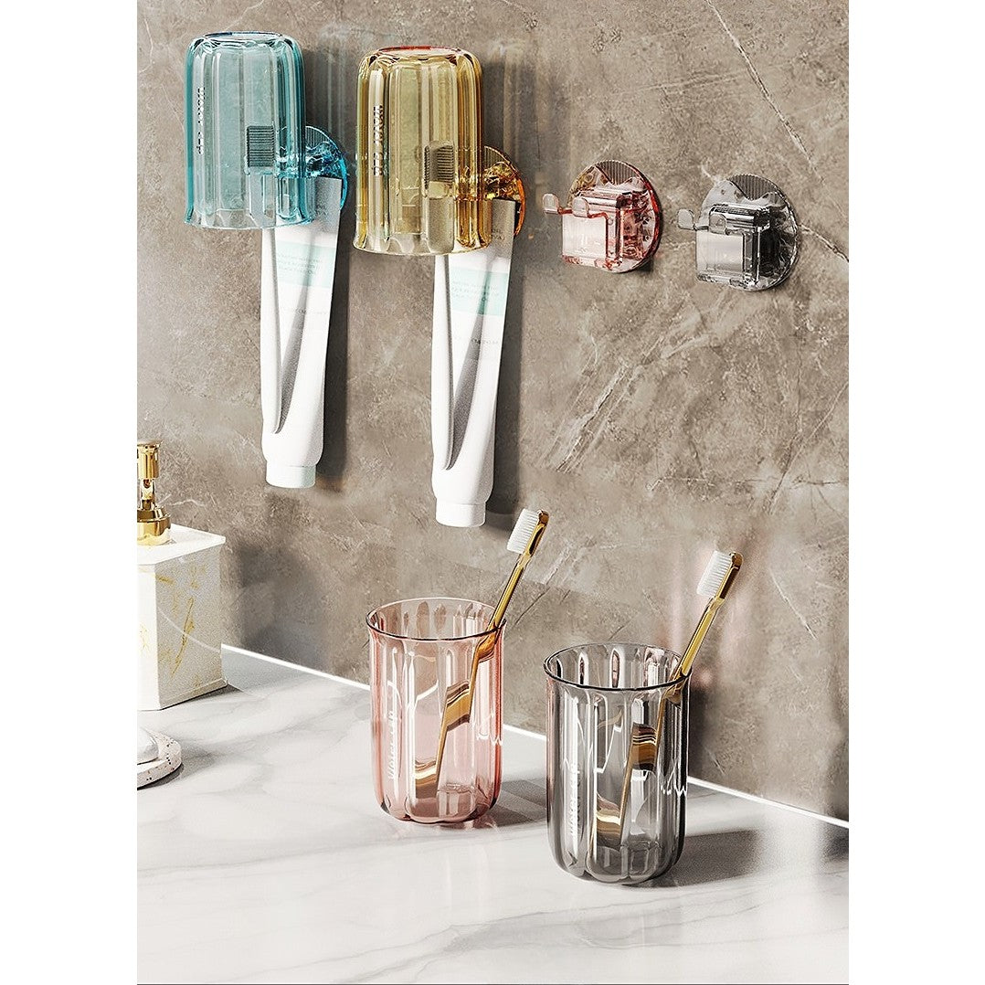 Suport Multifunctional 2 in 1 pentru Periuta si Pasta de Dinti, Pahar Baie cu Montare pe Perete fara Gaurire, PET si ABS, 10.4 x 7.3 x 7.3 cm, Gri