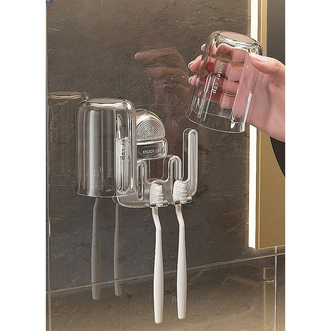 Suport Multifunctional pentru Baie, Pahar si Organizator Periuta de Dinti, Fixare cu Ventuza fara Perforare, Plastic ABS si PET, 11 cm x 11.5 cm, Gri