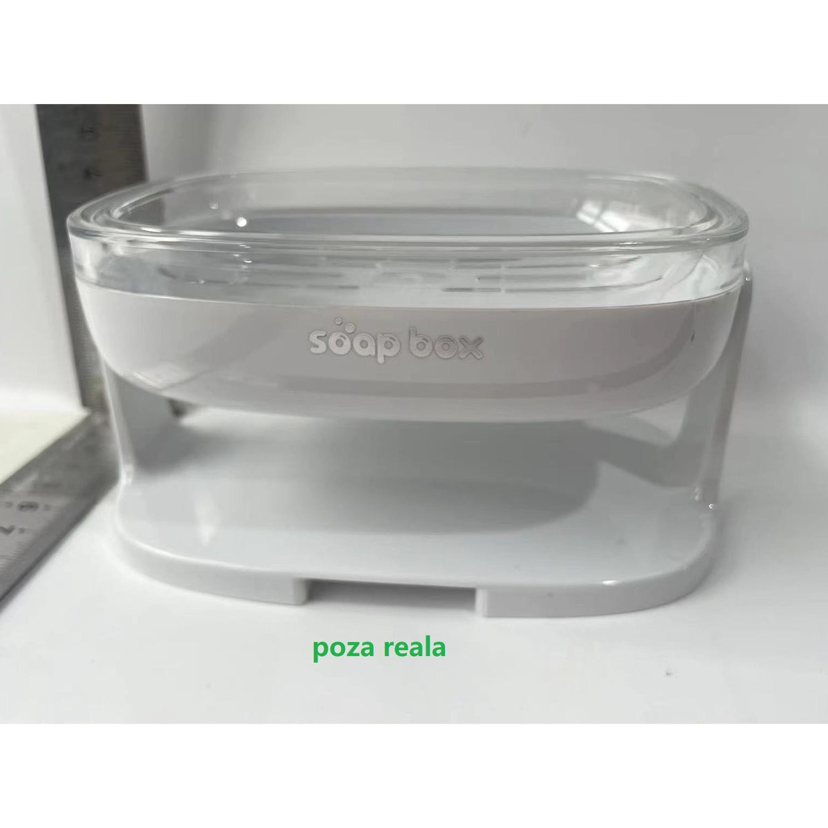 Savoniera cu Suport 2 in 1, Suport Sapun pentru Perete sau Blat, Montare Fara Gaurire, Sistem de Scurgere Optima, Material PET si Sticla, Alb-Argintiu