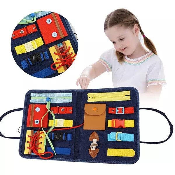 Carte Senzoriala Educativa Montessori, Jucarie Portabila Tip Geanta pentru Dezvoltare Abilitati Motorii Fine, Material Fetru Moale, 2 Pagini, 28x22x3 cm, Albastru
