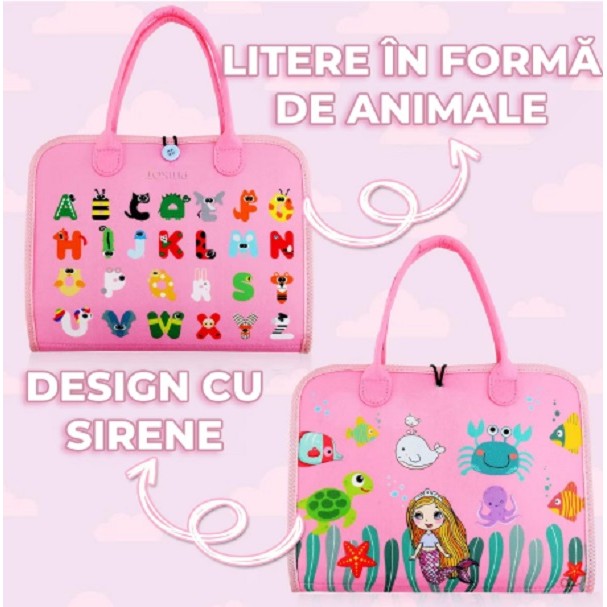 Carte Senzoriala Educativa Montessori, Dezvoltare Abilitati Motorii si Invatare Alfabet, Fetru si Material Textil, 16 Activitati Interactive, 3 Pagini, 28x25x4 cm, Roz Model Sirena