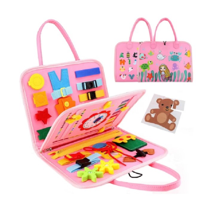 Carte Senzoriala Educativa Montessori, Dezvoltare Abilitati Motorii si Invatare Alfabet, Fetru si Material Textil, 16 Activitati Interactive, 3 Pagini, 28x25x4 cm, Roz Model Sirena