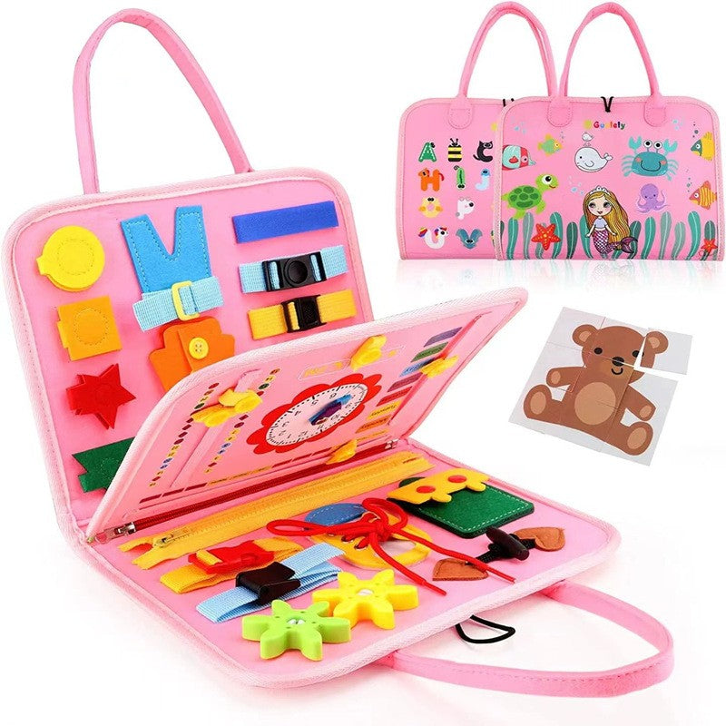 Carte Senzoriala Educativa Montessori, Dezvoltare Abilitati Motorii si Invatare Alfabet, Fetru si Material Textil, 16 Activitati Interactive, 3 Pagini, 28x25x4 cm, Roz Model Sirena