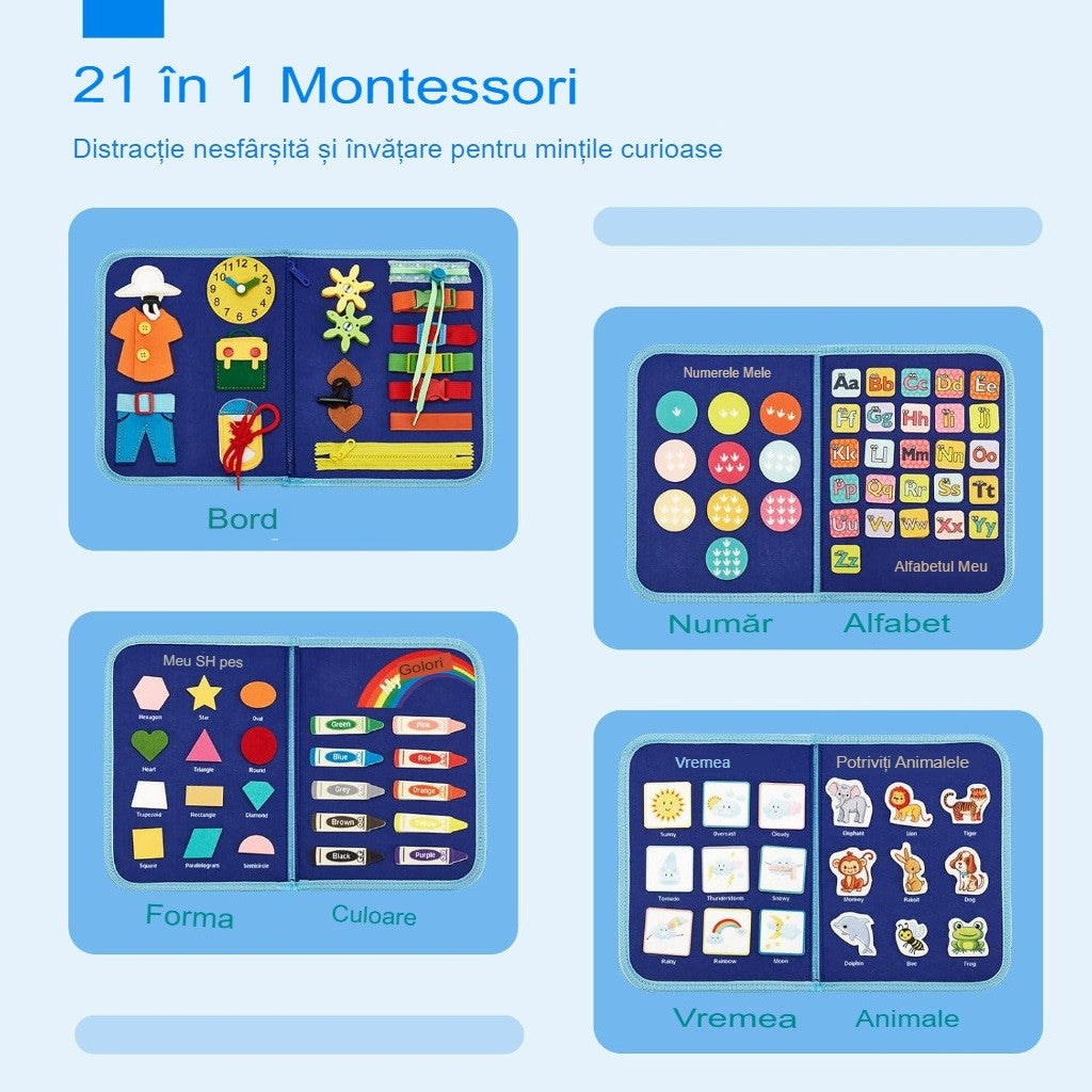 Carte Senzoriala Educativa Montessori, Jucarie Busy Book pentru Abilitati Motorii si Invatare Alfabet, Fetru Moale, Model Dinozauri, 5 Pagini, 28x22x7 cm, Albastru