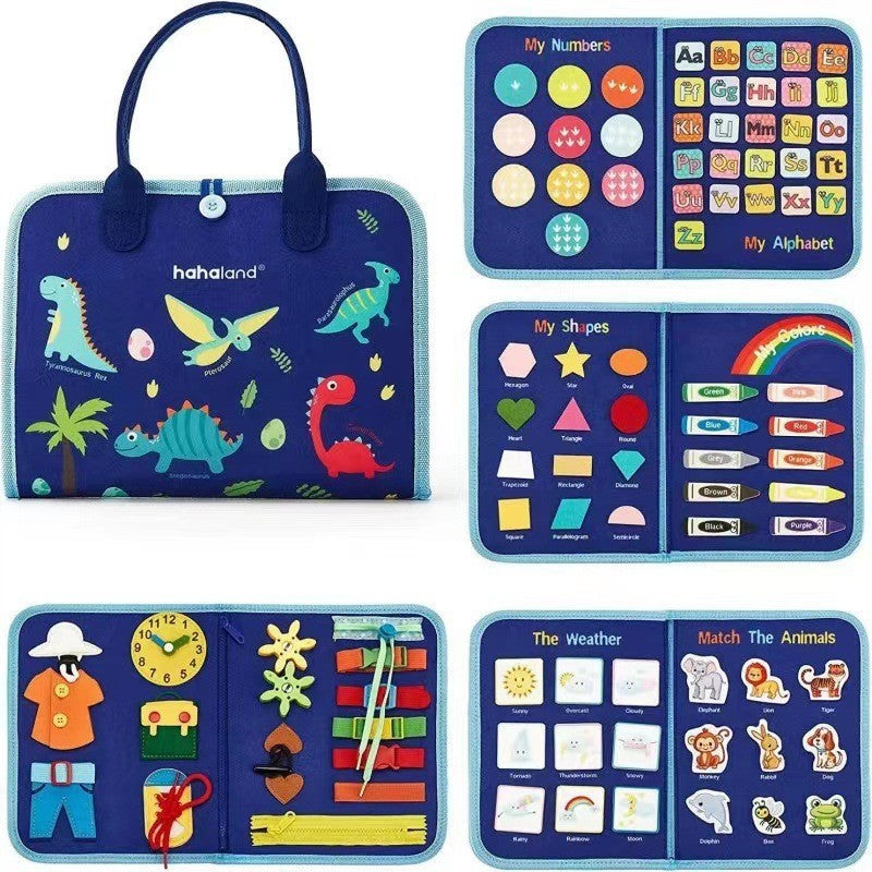 Carte Senzoriala Educativa Montessori, Jucarie Busy Book pentru Abilitati Motorii si Invatare Alfabet, Fetru Moale, Model Dinozauri, 5 Pagini, 28x22x7 cm, Albastru
