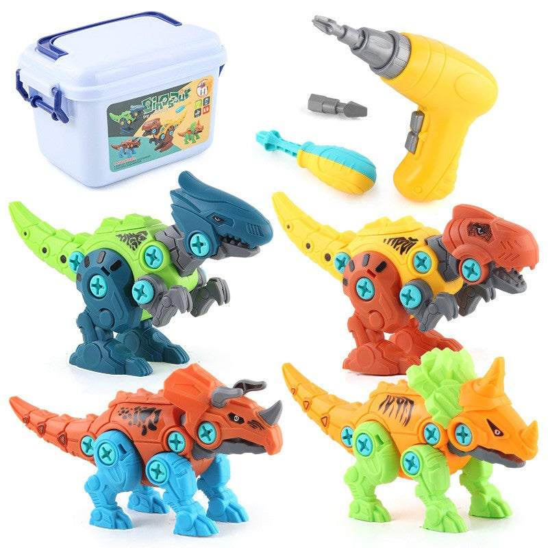 Set de Constructie Dinozauri de Asamblat, Jucarie Educativa STEM cu Bormasina Electrica si Surubelnita, Articulatii Mobile, Plastic ABS, Include Cutie Depozitare, 4 Bucati, Multicolor