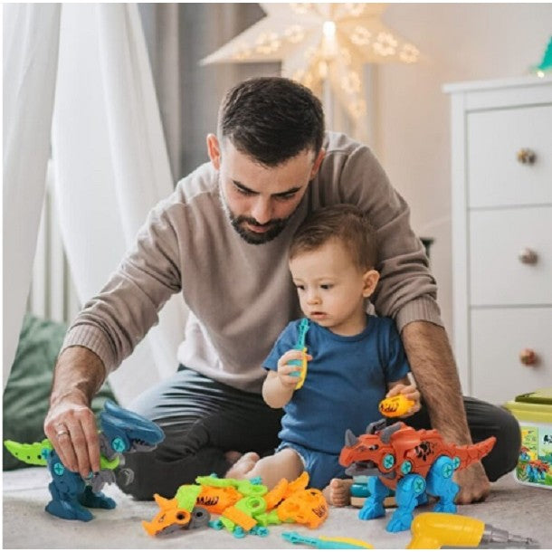 Set de Constructie Dinozauri de Asamblat, Jucarie Educativa STEM cu Bormasina Electrica si Surubelnita, Articulatii Mobile, Plastic ABS, Include Cutie Depozitare, 4 Bucati, Multicolor