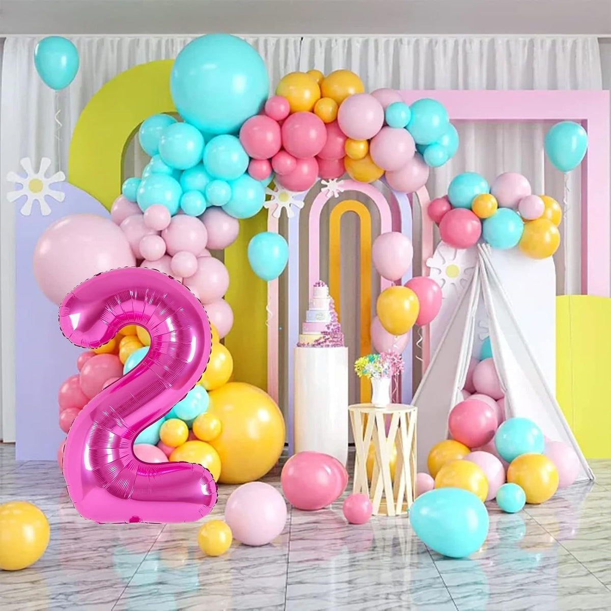Balon Aniversar Cifra 2, Figurina din Folie Metalizata, Umflare Aer sau Heliu, Include Pai, Roz, 40 cm