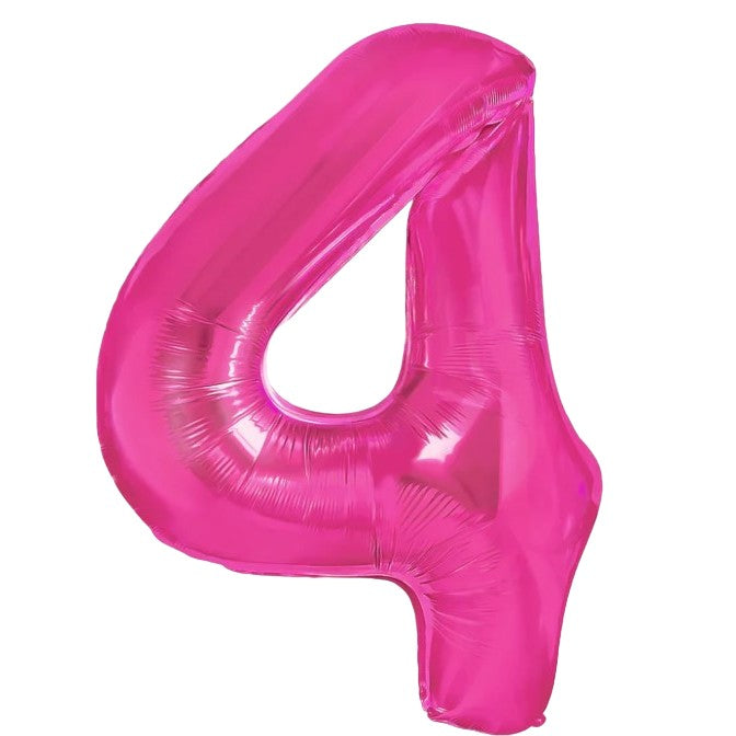 Balon Aniversar Cifra 4, Figurina din Folie Metalizata, Umflare cu Aer sau Heliu, Ambalaj Individual cu Pai Inclus, 40 cm, Roz