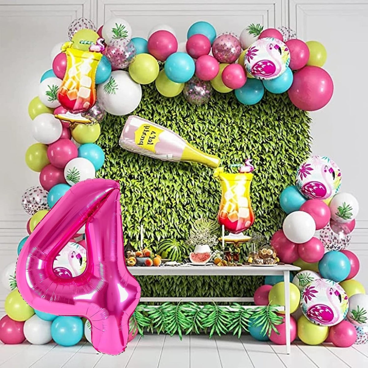Balon Aniversar Cifra 4, Figurina din Folie Metalizata, Umflare cu Aer sau Heliu, Ambalaj Individual cu Pai Inclus, 40 cm, Roz