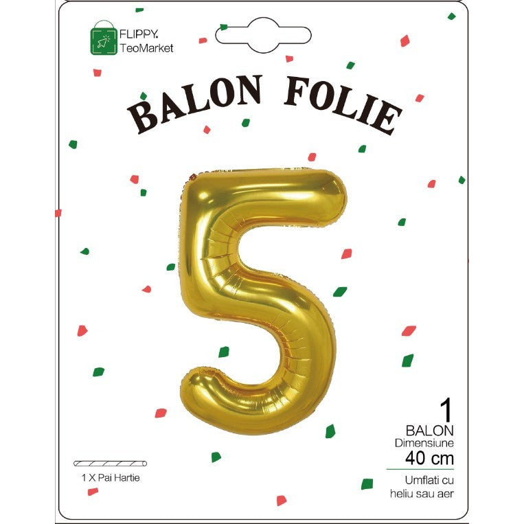 Balon Aniversar Cifra 5, Figurina din Folie Metalizata, Umflare cu Aer sau Heliu, Include Pai, Inaltime 40 cm, Auriu