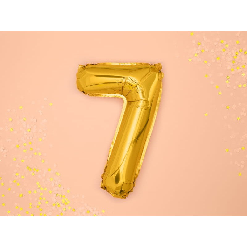 Balon Aniversar Cifra 7, Figurina din Folie Metalizata, Umflare Aer sau Heliu, include Pai, 40 cm, Auriu