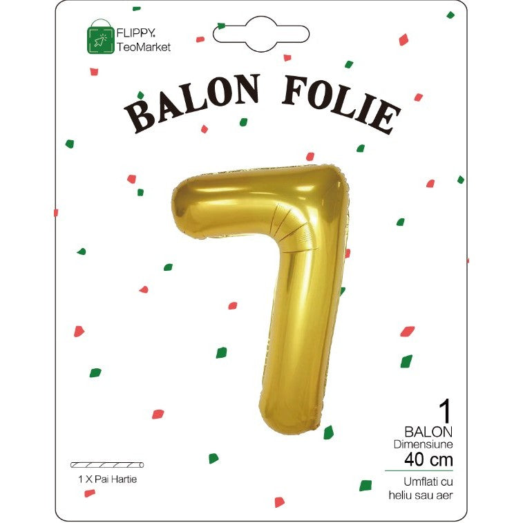 Balon Aniversar Cifra 7, Figurina din Folie Metalizata, Umflare Aer sau Heliu, include Pai, 40 cm, Auriu