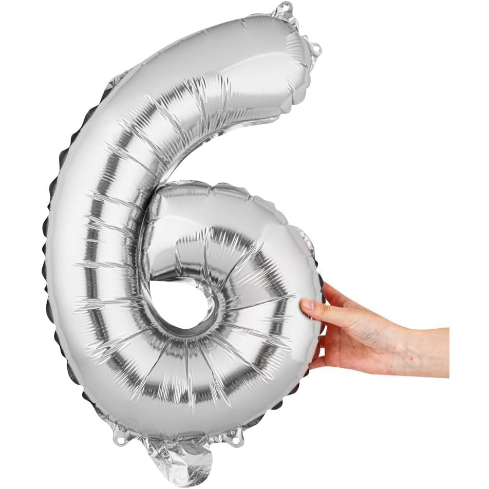 Balon Aniversar Cifra 6, Figurina din Folie Metalizata, Umflare Aer sau Heliu, include Pai Umflare, 40 cm, Argintiu