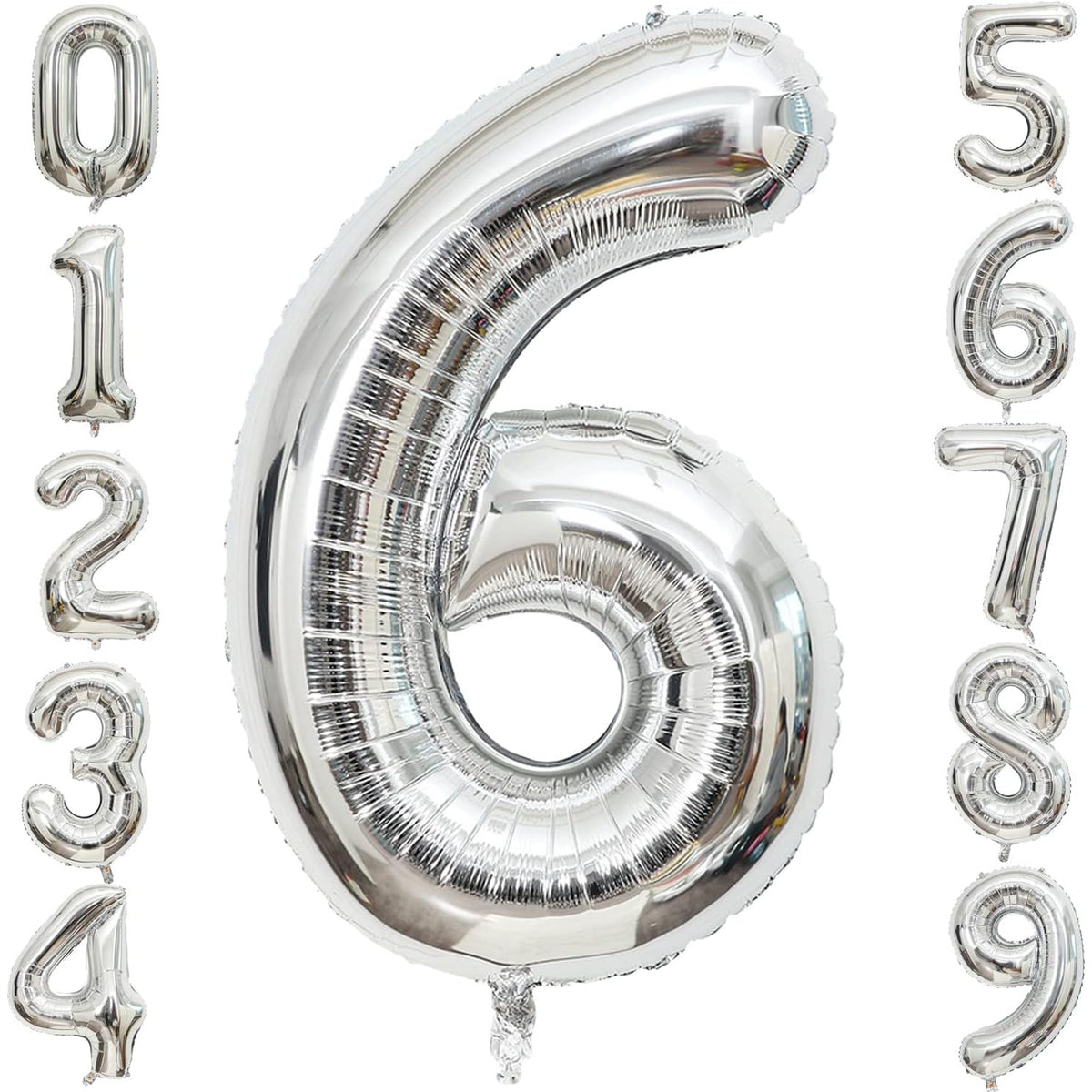 Balon Aniversar Cifra 6, Figurina din Folie Metalizata, Umflare Aer sau Heliu, include Pai Umflare, 40 cm, Argintiu