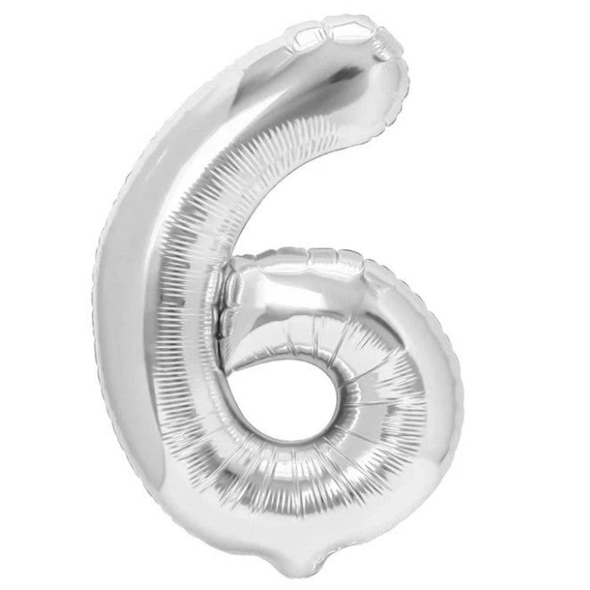Balon Aniversar Cifra 6, Figurina din Folie Metalizata, Umflare Aer sau Heliu, include Pai Umflare, 40 cm, Argintiu